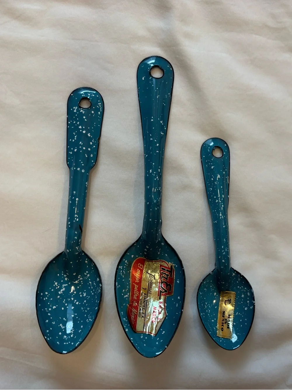 Vtg NEW Troqueles Mexico Turquoise 7 1/4” Skillet & 3 Matching Spoons Enamelware